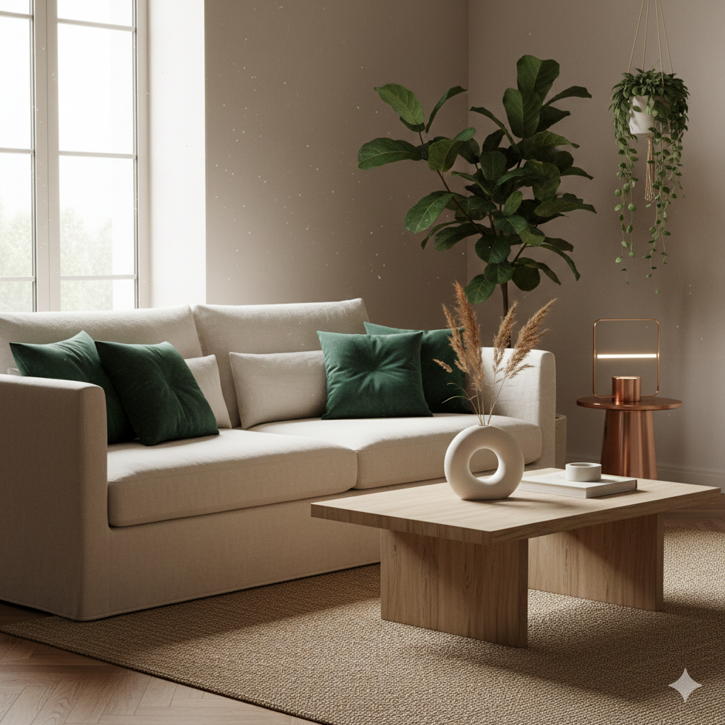 Stylistic layout patterns 2025 in a modern, cozy living room interior